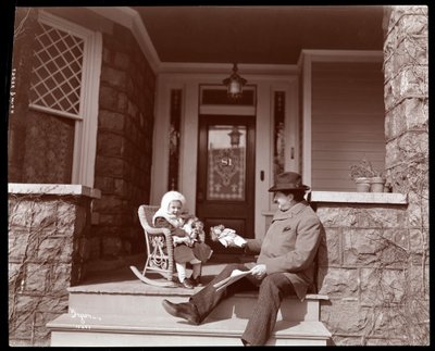 Edgar Smith with his daughter on the steps of his residence in Elmhurst, Long Island, 1902-3 by Byron Company
